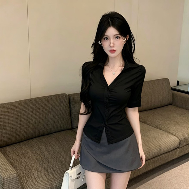 Hot Girl Sexy Slim-Fitting Waist-Cinching V-Neck Black Shirt Professional Suit Billiards E-Sports Internet Cafe Work Uniform Ol Uniform for Women