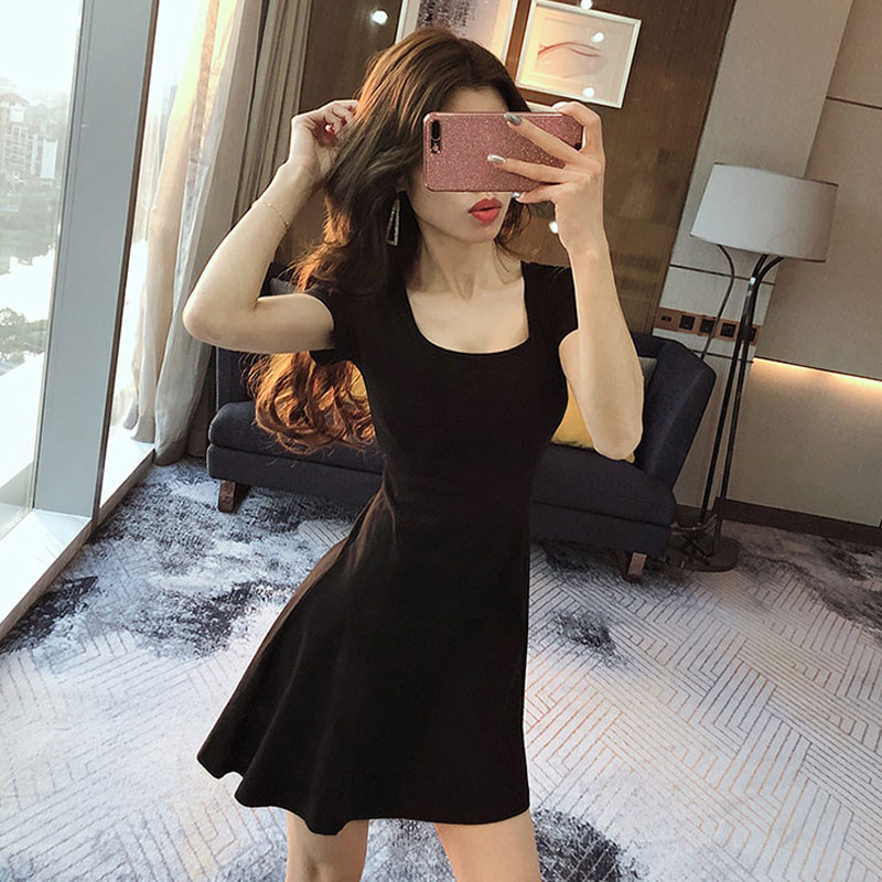 U collar low chest short sleeves Sexy Foreign Dress Woman Summer Collection Waist Display Slim Short And Small Black Dress A Character Short Skirt
