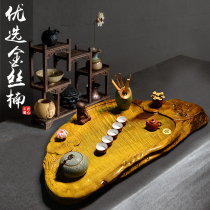 Golden silk Nanmu tea tray Household solid wood whole log large Kung Fu tea set single-layer root carving tea table drainage tea sea