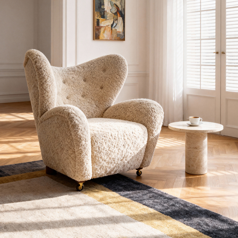 French-Style Vintage Lambswool Single Sofa, Cream Wabi-Sabi Designer Solid Wood Thetirdeman Lounge Chair