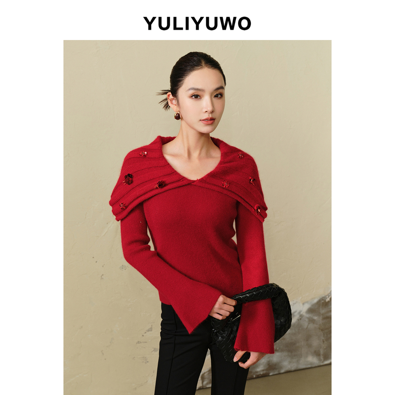Spring New Cape Shawl with Large Lapel and Bell Sleeves, Red Sweater Pullover Knit Top Spring New Cape Shawl with Large Lapel and Bell Sleeves, Red Sweater Pullover Knit Top