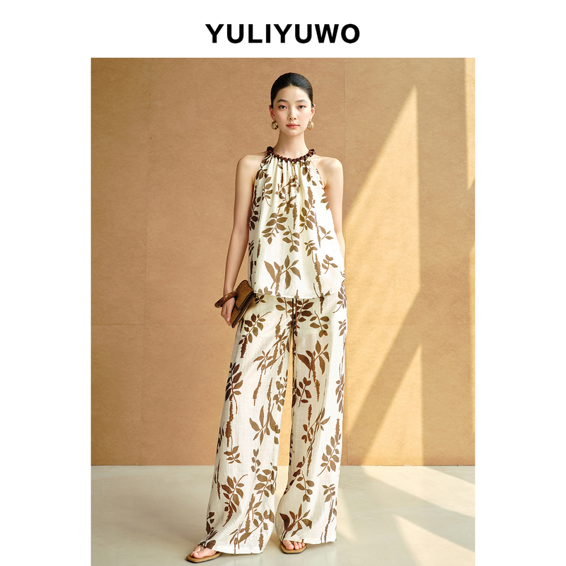 Yuri and Me/Summer New Style Tencel Printed Halter Neck Sleeveless Pullover Loose Wide-Leg Pants Complete Set for Women