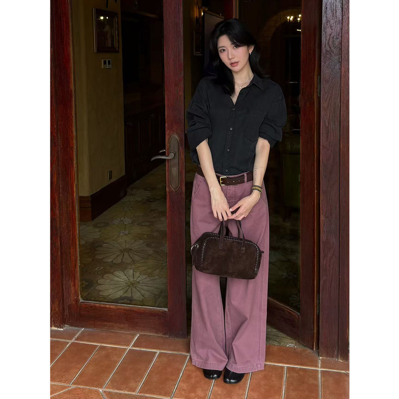 Aetherll Pink-Purple Vintage Washed Casual Pants for Women Early Autumn Brown Loose High-Waisted Long Pants A1426 Aetherll Pink-Purple Vintage Washed Casual Pants for Women Early Autumn Brown Loose High-Waisted Long Pants A1426