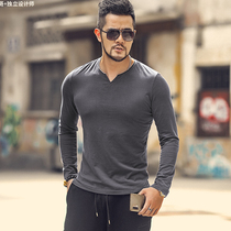 spring new loose edge small v-neck sportsman stretch slim long-sleeved T-shirt mens solid color long sleeve base T-shirt T951