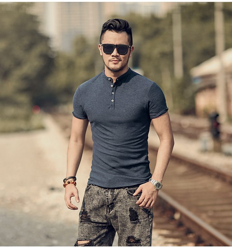 Cotton nguyên chất màu xanh hoàng gia nhỏ đứng cổ áo sơ mi nam mở ngắn tay áo thun nửa tay Henry áo sơ mi nam polo PL-65 áo phông có cổ