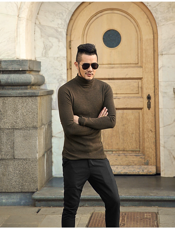 2 mảnh mùa thu và mùa đông rượu vang áo len cao cổ màu đỏ nam tự canh ấm cổ cao áo len rắn màu đáy quần J701