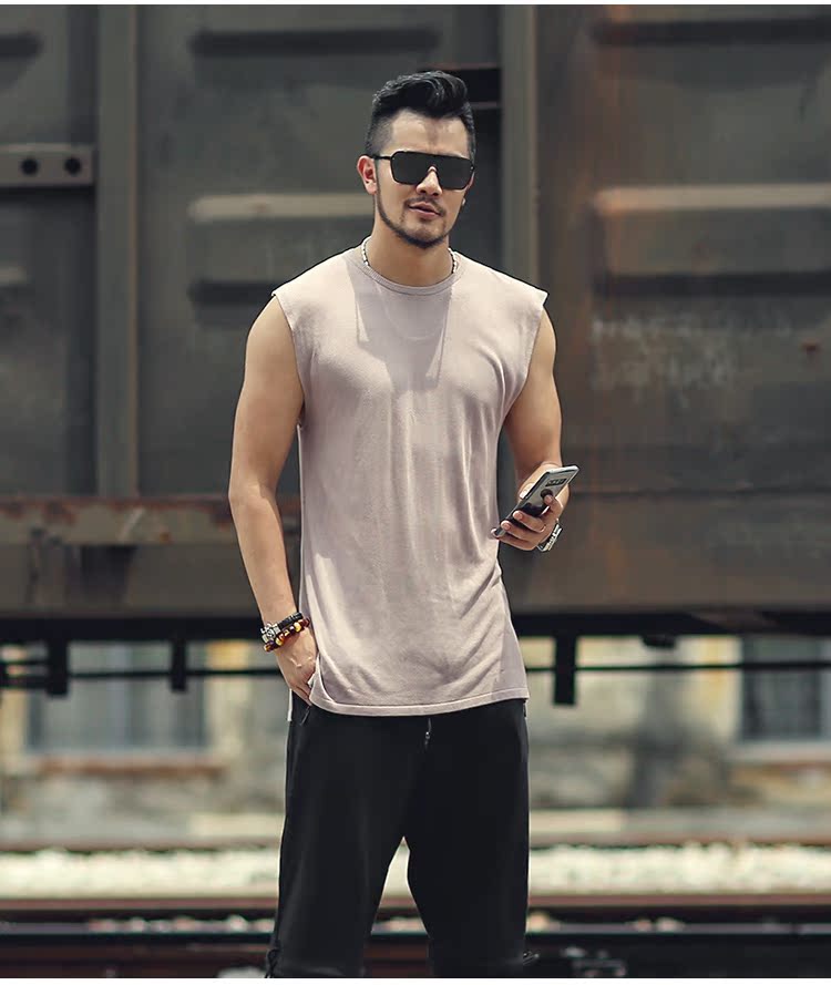 Mùa hè mới băng lụa người đàn ông mỏng của áo len thủy triều của nam giới vest không tay áo len vest T-Shirt J764