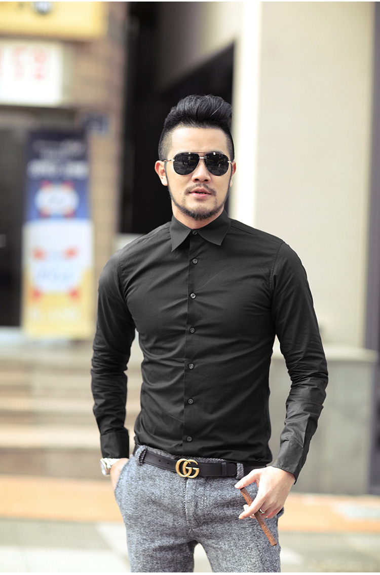 Mùa xuân 2019 mới lớn cổ áo nhọn nam màu rắn áo trắng mỏng nam màu áo sơ mi dài tay S2137 áo sơ mi họa tiết nam