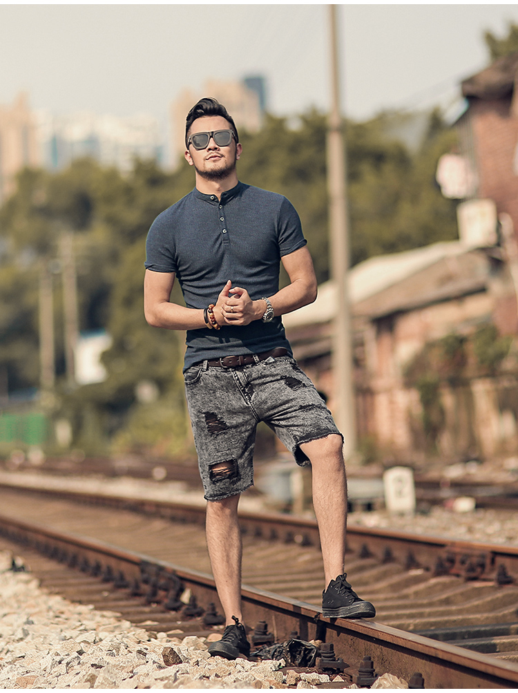 Cotton nguyên chất màu xanh hoàng gia nhỏ đứng cổ áo sơ mi nam mở ngắn tay áo thun nửa tay Henry áo sơ mi nam polo PL-65 áo phông có cổ