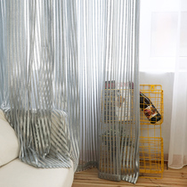 Modern minimalist plaid striped curtain yarn balcony living room bedroom curtain finished custom cotton and linen floating window screen curtain