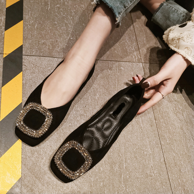 Special Cabinet Flat Bottom Women's Single Shoes 2021 Spring Summer New Ladyshoes 100 Hitch Black Soft Bottom Soft Leather Light Mouth Square Head Bean Bean Shoes