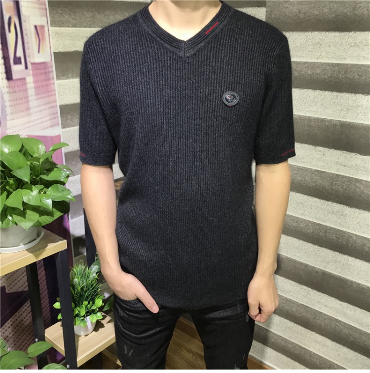Áo thun nam tay ngắn cổ chữ V mùa đông nam dày cashmere nửa tay mùa thu và mùa đông ấm áp đan áo len ở tay áo áo thun tay dài nam