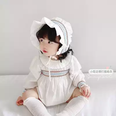 SonnyGirl spring and autumn new baby hand-pulled long-sleeved romper lace collar triangle bag fart clothes climbing clothes