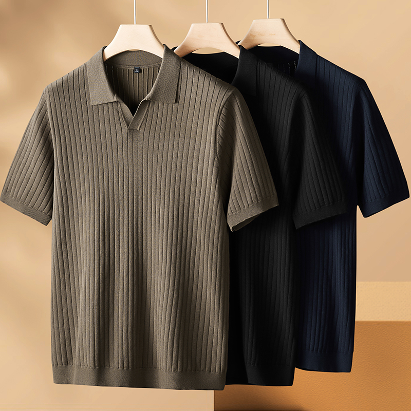 Plus Size Lapel Short-Sleeved Sweater for Men, Spring and Autumn Loose Fit, Striped Knitwear for Big and Tall Men, Casual Inner Wear Sweater Plus Size Lapel Short-Sleeved Sweater for Men, Spring and Autumn Loose Fit, Striped Knitwear for Big and Tall Men, Casual Inner Wear Sweater