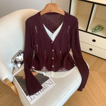 Hong kong style retro hollow v-neck fake two-piece knitted cardigan for women autumn and winter 2025 new temperament outer wear slim sweater