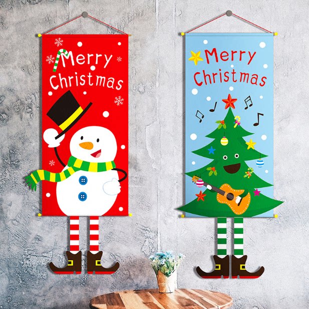 Christmas decorations door hanging cloth art pendant Christmas old man's snow man's dining hall wall hanging painting hanging flag hanging decorated with flag