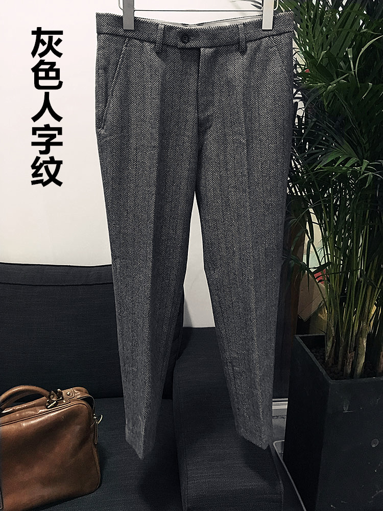 Mỹ retro tweed len xương cá len thẳng chân quần hẹp nam Slim chân nam quần quần thun dài nam