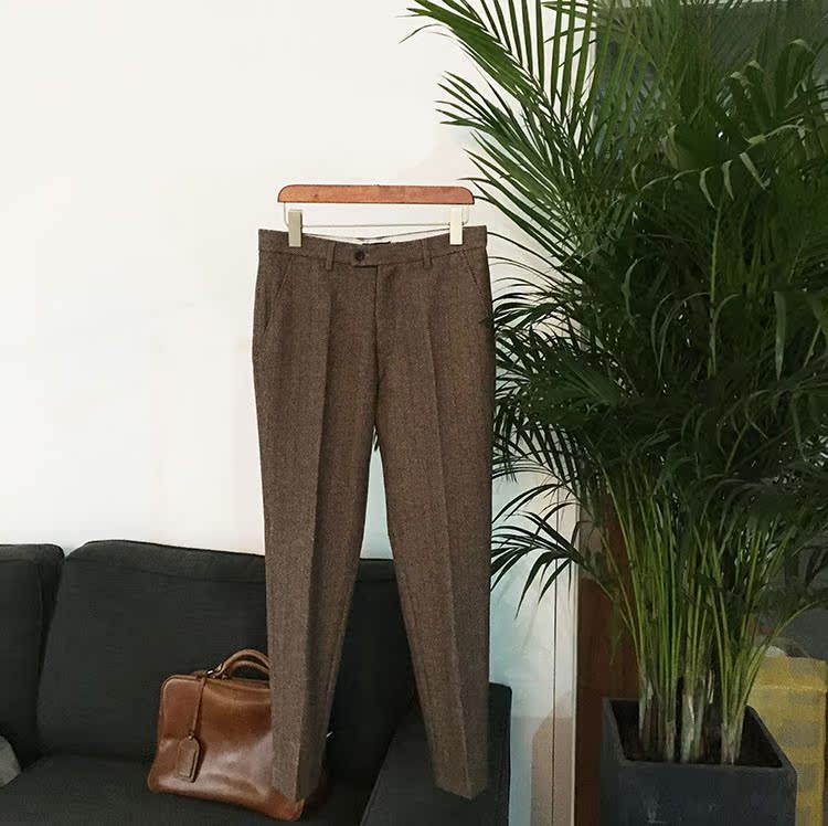 Mỹ retro tweed len xương cá len thẳng chân quần hẹp nam Slim chân nam quần quần thun dài nam
