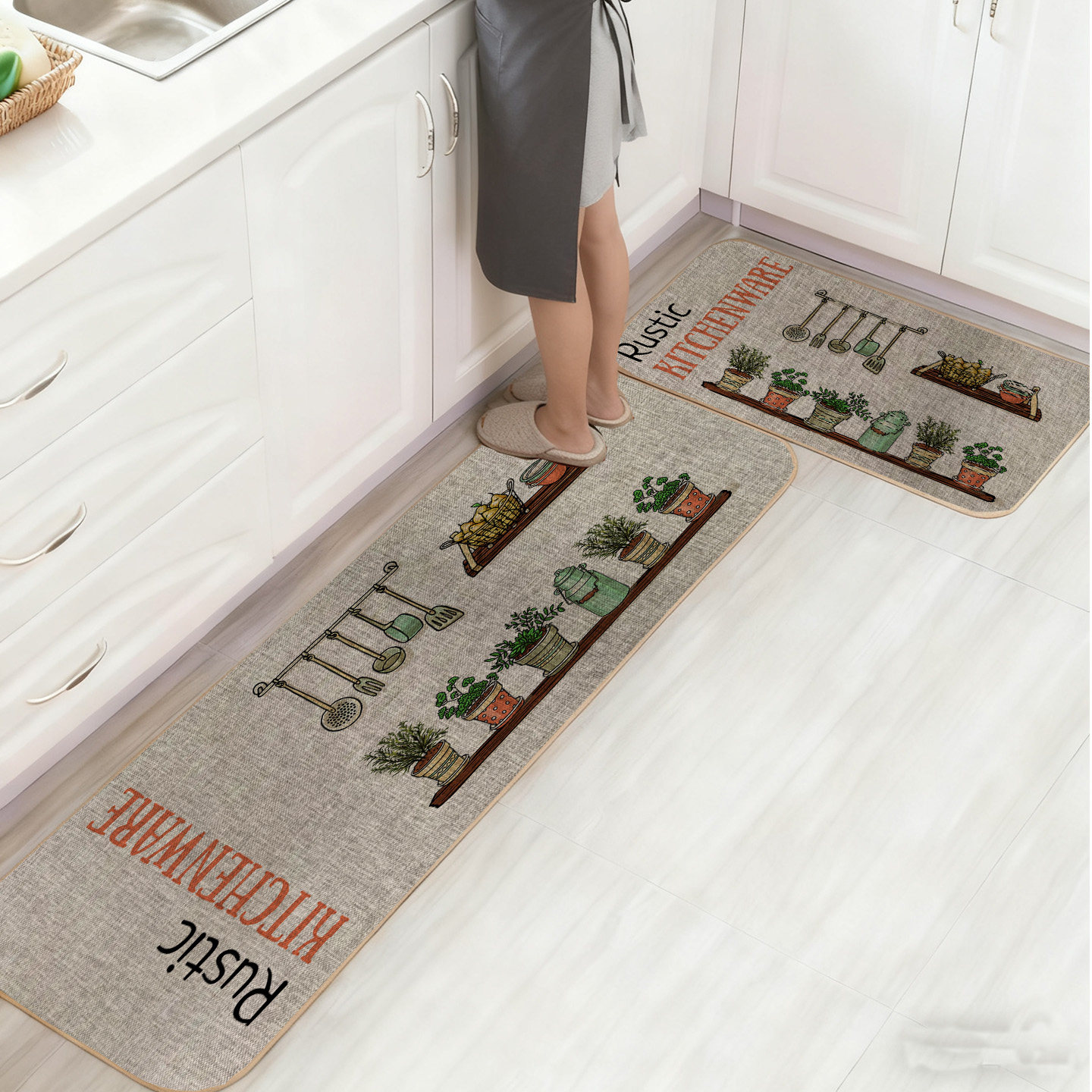 Simple linen kitchen floor mat is water-absorbent, non-slip and oil-proof
