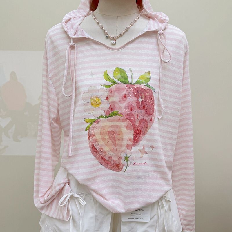 Sequin Lyocell Sunscreen Hooded Striped Korean Style Strawberry Loose Lazy Style Thin Air Conditioning Shirt for Outerwear
