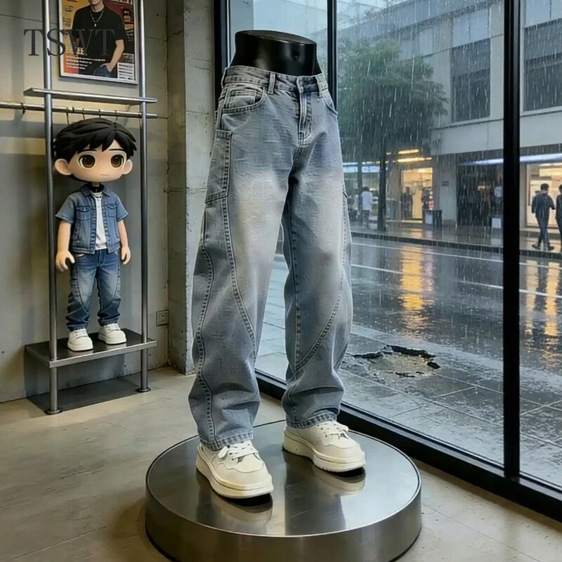High-End Washed Blue Slim-Fit Curved Jeans for Men, Summer Clean-Fit Diagonal Cut Straight Pants, Harem Workwear Pants