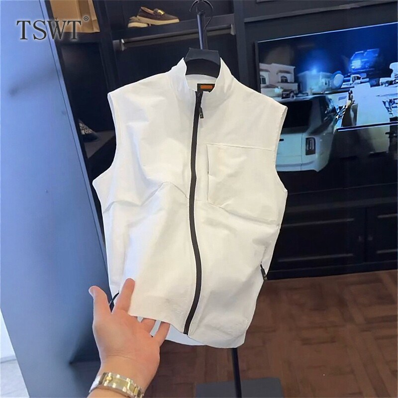 High-End New Style Light Luxury Stand-Up Collar Casual Vest Jacket for Men, Spring and Autumn Solid Color Outdoor Sports Sleeveless Jacket Top