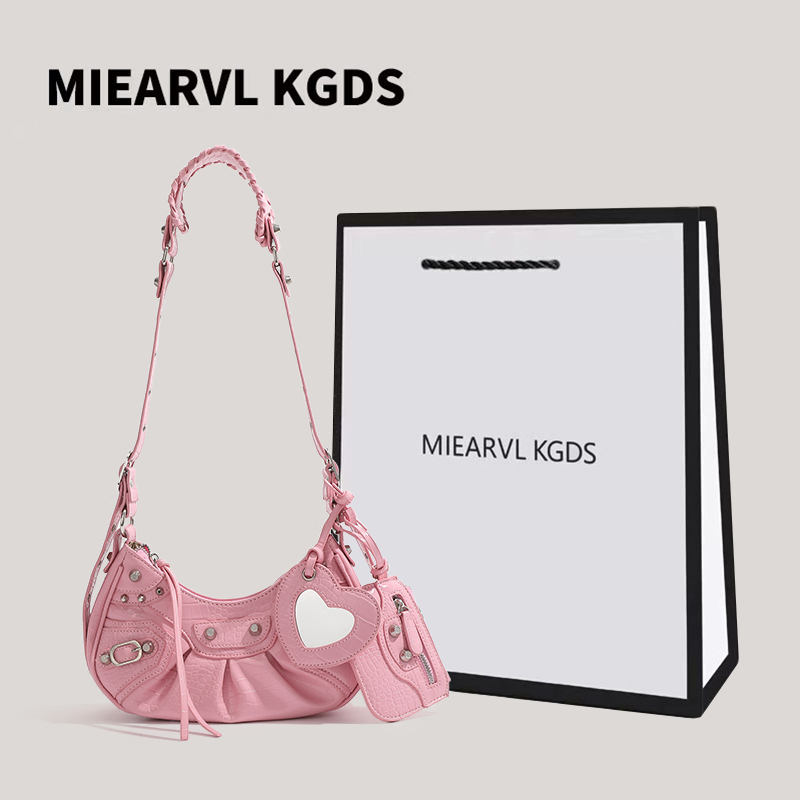 Miearvl Kgds Trendy Cool Girl Motorcycle Bag Women's Underarm Bag Studded Three-In-One Crescent Pleated Crossbody Bag