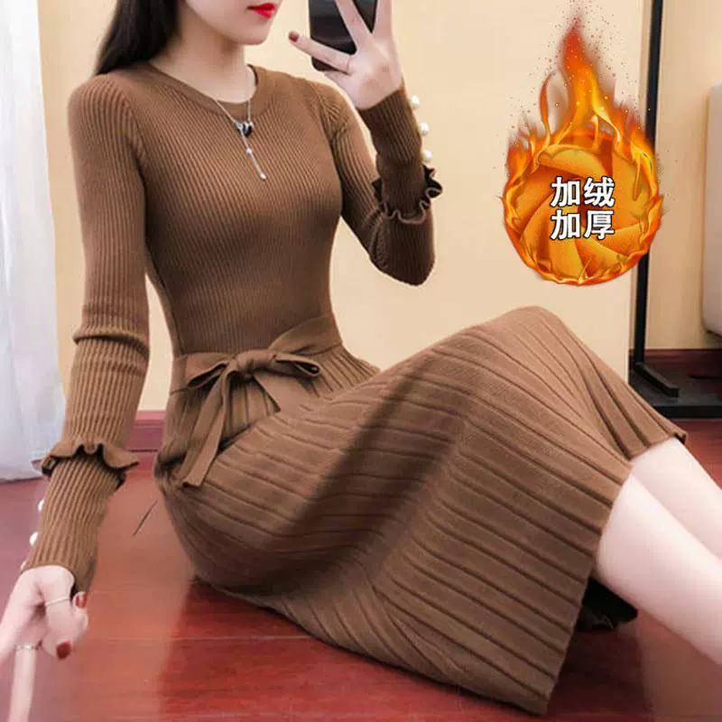 Mùa xuân và mùa thu của phụ nữ Hàn Quốc Áo dài dệt kim Váy len cơ bản qua đầu gối Eo mùa đông Plus Váy nhung xếp li