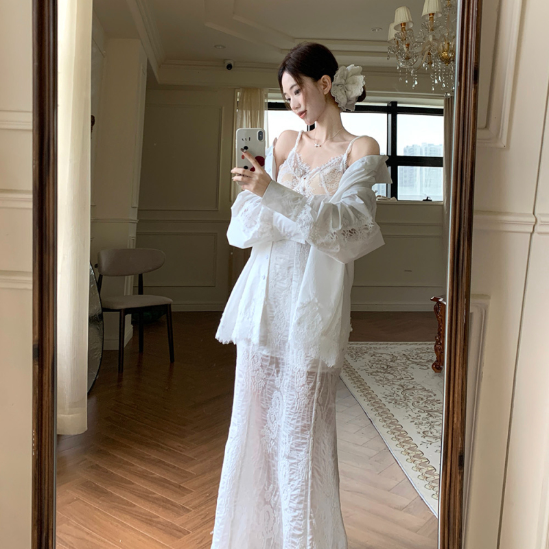Korean-Style Light Luxury White Hollow-Out Lace Patchwork Long-Sleeve Shirt, Loose Mid-Length Sun Protection Shirt