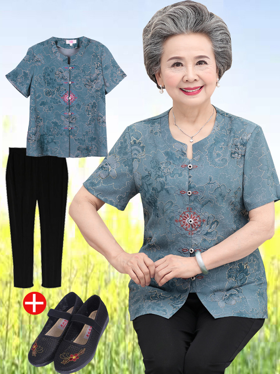 Middle-aged women's summer T-shirt Grandma short-sleeved shirt 60-year-old 70-year-old clothes shirt Mom summer suit