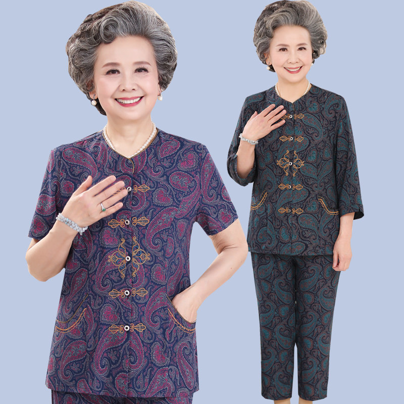Grandma's summer dress middle-aged and elderly women's mother short-sleeved cotton silk suit elderly clothes wife two-piece casual wear