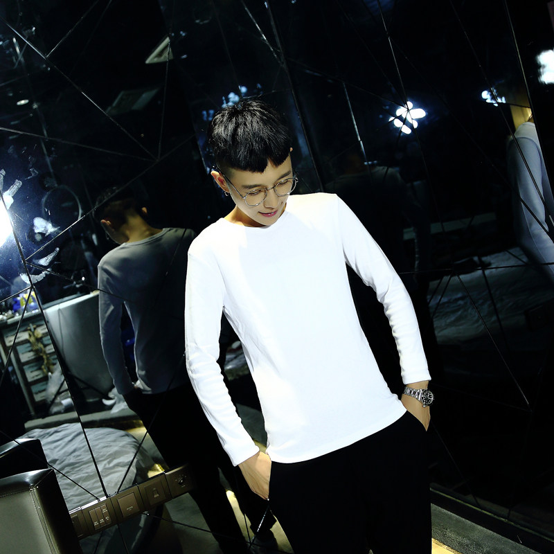 UP STORE 男士长袖T恤打底衫圆领白色体恤秋衣纯棉超修身基础百搭