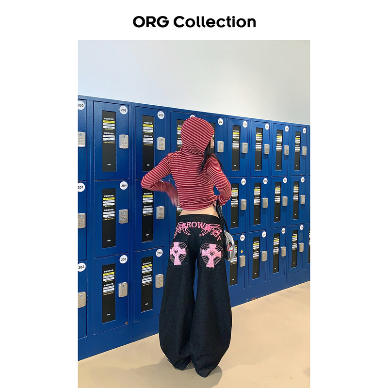 Org Collection American Retro Color-Block Letter Wide-Leg Jeans for Women, Cross Straight-Leg Low-Rise Long Pants