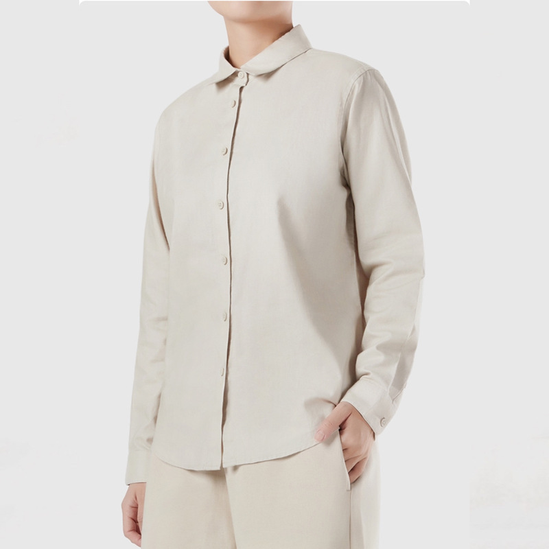 Ludao Wfm20002 Women's Jacquard Striped Textured Cotton Long Sleeve Shirt with Slightly Slim Fit and Structured Turn-Down Collar