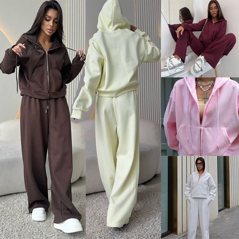 Amazon European and American Cross-Border Sports Suit Long-Sleeved Zip-Up Cardigan Hooded Sweatshirt Lace-Up Pants Two-Piece Suit