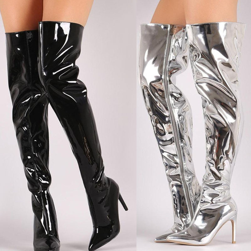 2021 New Autumn Style Silver Over-The-Knee European and American Style Stiletto High-Heeled Large Size Fashion Women's Knee-High Boots