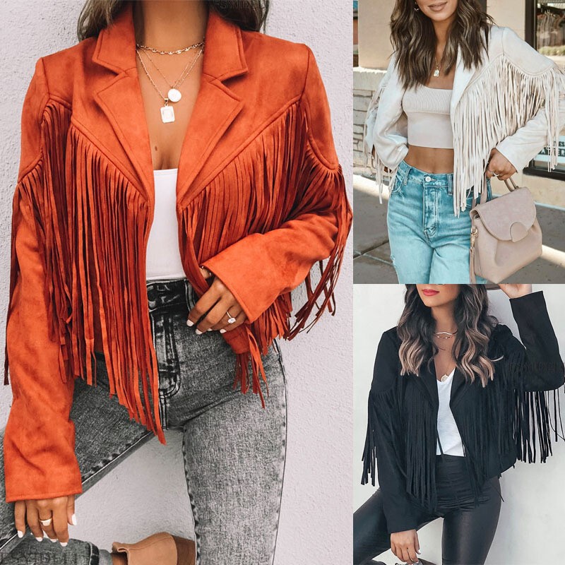 European and American Style Women's Leather Jacket, Suede Velvet, Elegant Lapel, Tassel Short Coat, Women's Autumn and Winter New Denim Style Coat