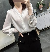 White shirt big size womens fat mm200 kg loose Korean long sleeve lace chiffon shirt professional base shirt female