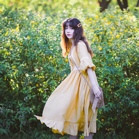Misscherry Japanese style little yellow skirt imitation Tencel Mori girl ginger splicing lace lantern sleeve loose dress