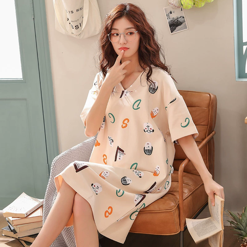 2020 váy ngủ mới phụ nữ mùa hè cotton tinh khiết ngắn tay mỏng cotton giản dị cỡ lớn mập mm đồ ngủ sinh viên dịch vụ tại nhà - Đêm đầm