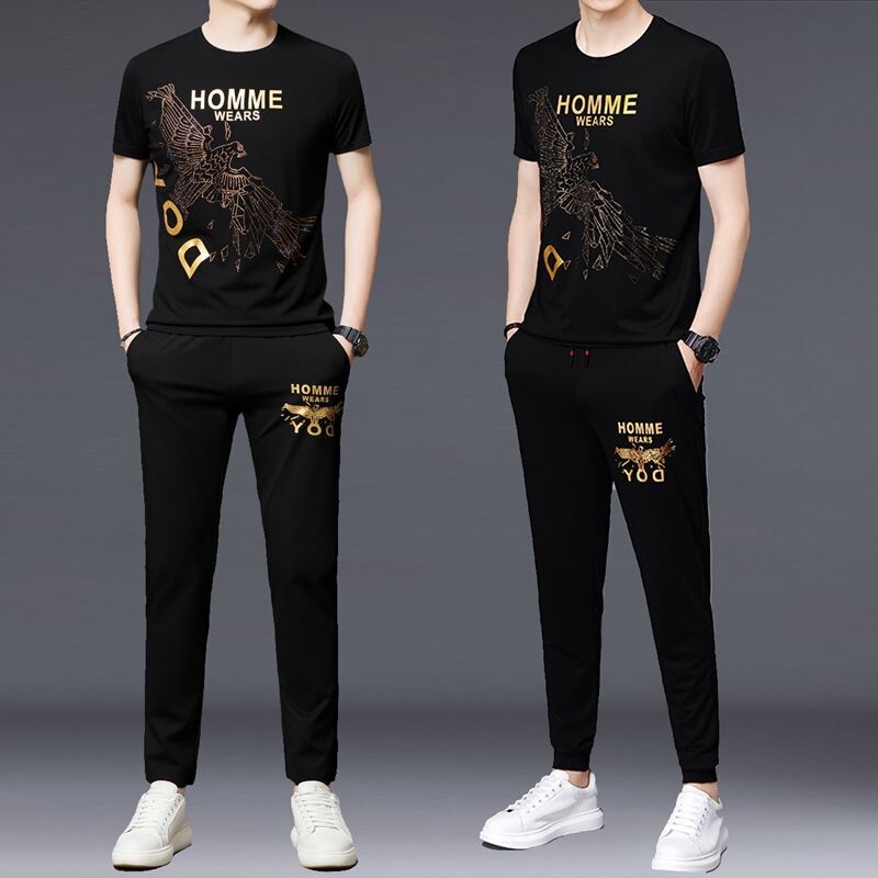 High-Quality Men's Ice Silk Suit, Men's Summer Trendy New Printed Short-Sleeved T-Shirt, Casual Sports Pants, Two Pieces High-Quality Men's Ice Silk Suit, Men's Summer Trendy New Printed Short-Sleeved T-Shirt, Casual Sports Pants, Two Pieces