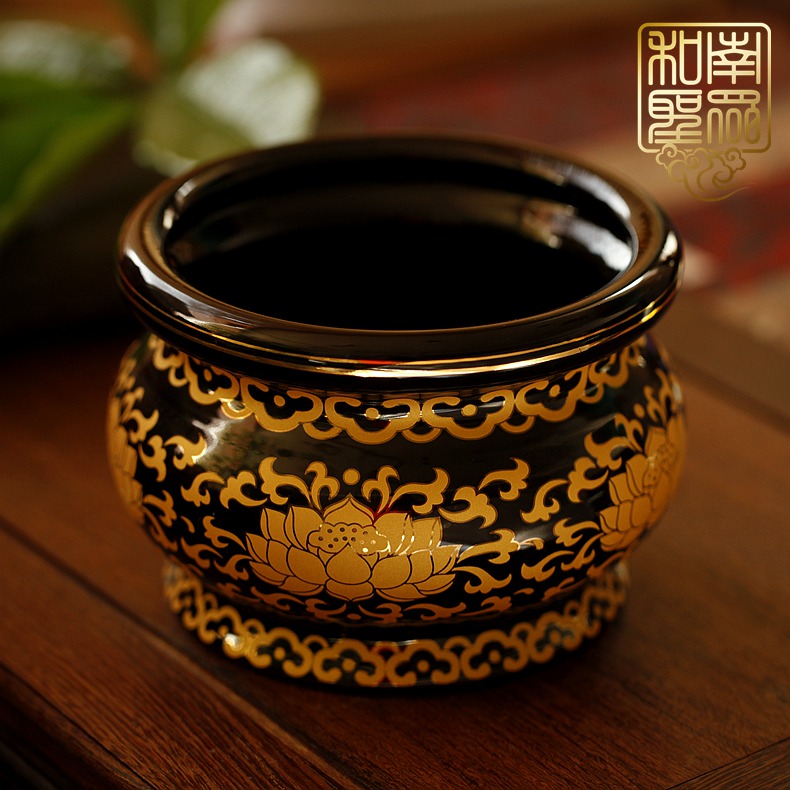 Household Buddhist hall sandalwood line incense burner for Buddha Guanyin God of wealth standing incense burner ceramic black golden lotus 456 inch incense burner