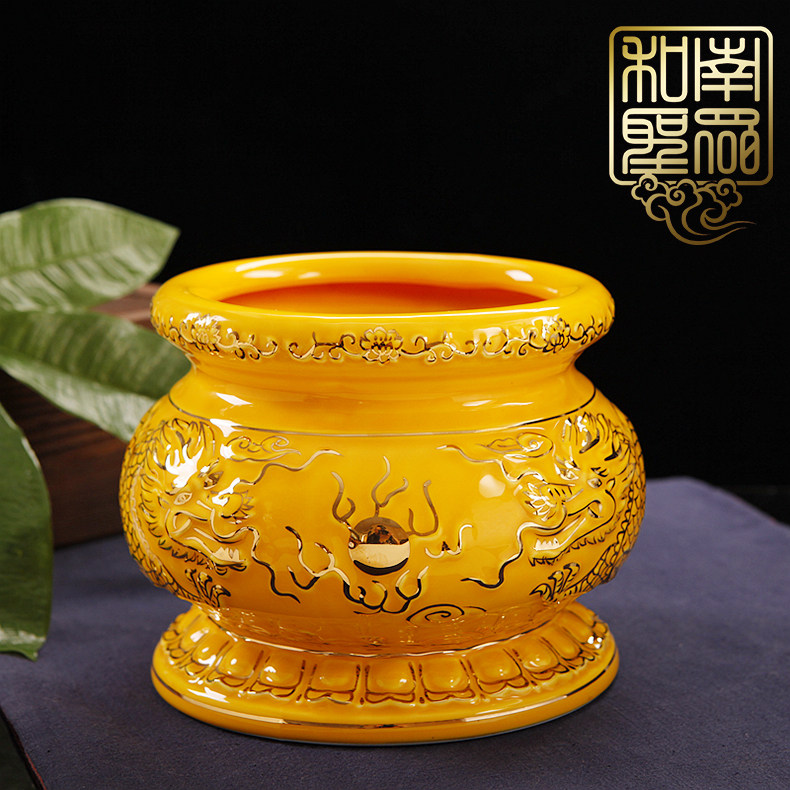 Household Buddhist hall aromatherapy sandalwood line incense burner ceramic relief depicting gold double dragon God of wealth Guan Gong hair care tribute burner incense burner