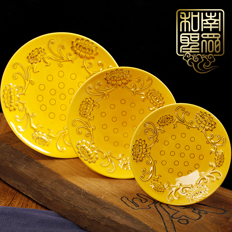 Buddha Hall for Guanyin fruit bowl Fruit plate God of Wealth tribute plate for Buddha plate Fruit plate Painted gold Lotus relief plate 678 inches