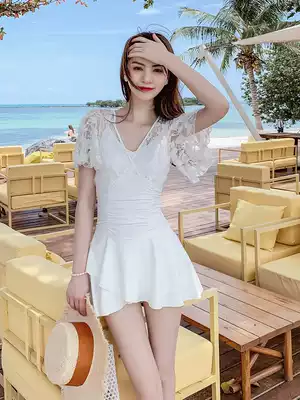 White swimsuit women's one-piece thin belly-covering skirt conservative small chest gathered hollow Korean ins holiday swimsuit