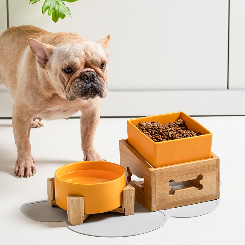 Dog Bowl Ceramic Protection Cervical Spine Cat Food Bowl Double Bowl Rack Dog Cat Eating and Drinking Anti-Tipping Pet Cat Bowl