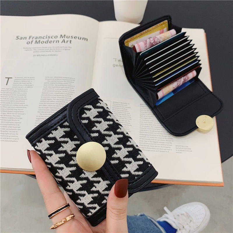 Niche Design Houndstooth Canvas Card Holder Coin Purse Female Short Large Capacity Multi-Card Buckle Long Clutch