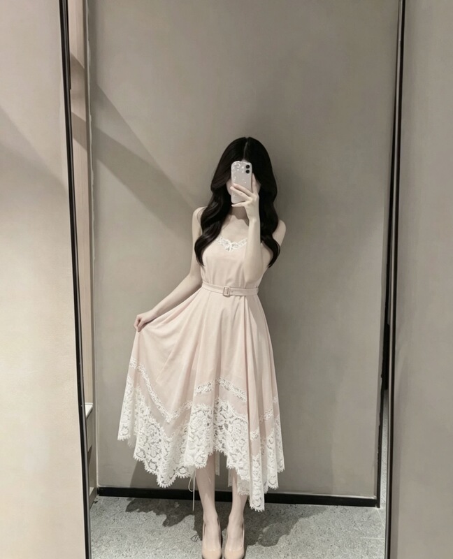 Soft ~ High-Class Literary Heroine Style [Yizhen Huaian] Pink Lace Large Skirt Summer Dress