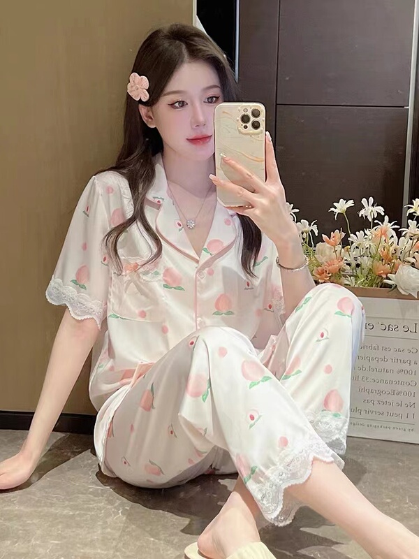 Victorian Style Silk Pajamas for Women, High-End Short-Sleeved Shorts and Long Pants Three-Piece Set, Casual Home Wear for Summer Victorian Style Silk Pajamas for Women, High-End Short-Sleeved Shorts and Long Pants Three-Piece Set, Casual Home Wear for Summer