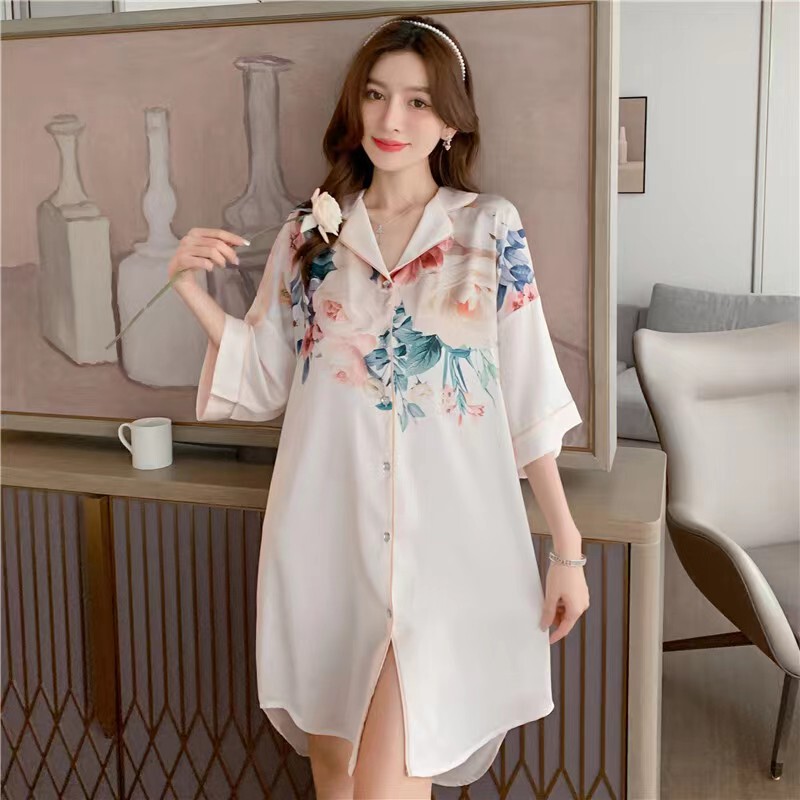 Victorian Style Silk Shirt Nightgown Women's Loose Mid-Length Cardigan Pajamas Silk Home Clothes Victorian Style Silk Shirt Nightgown Women's Loose Mid-Length Cardigan Pajamas Silk Home Clothes